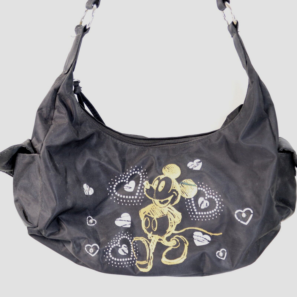 MIckey Mouse Heart Love Hobo Handbag Black Faux Leather Lined Purse Cartoon Bag